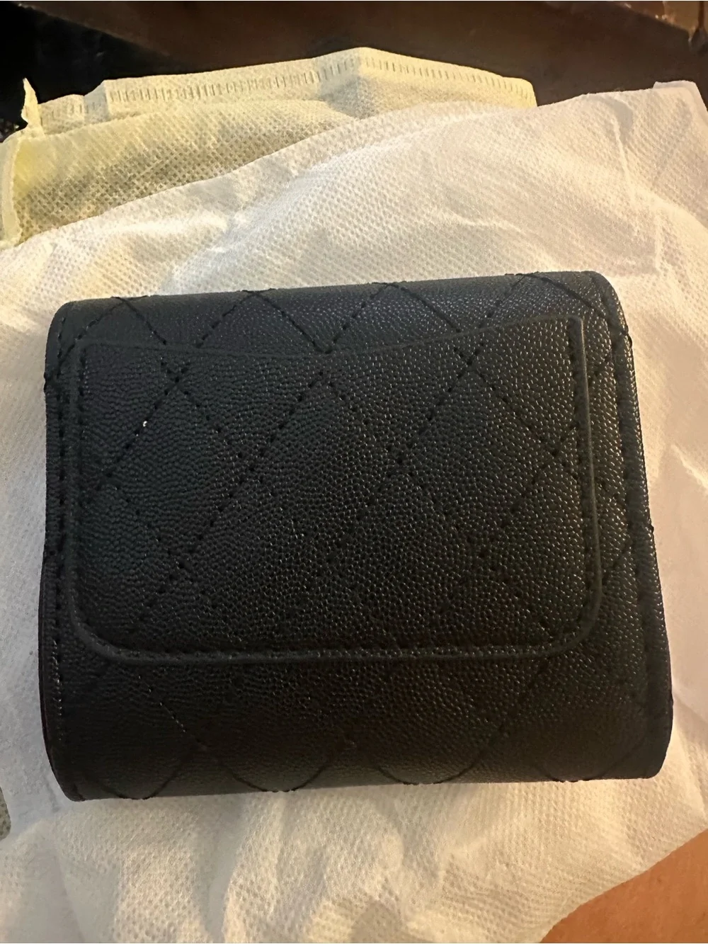 Source Unknown Black Quilted Wallet-on-Chain with Gold Hardware